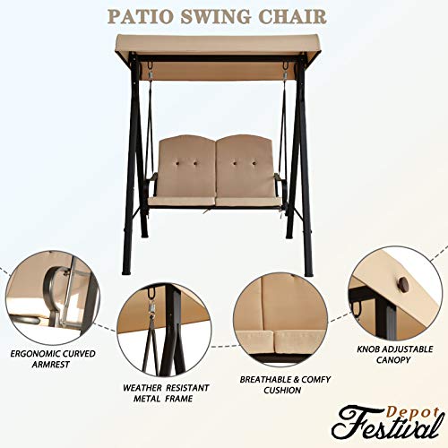Festival Depot 2-Seats Outdoor Patio Swing Glider Chair with Adjustable Convertible Canopy Hanging Furniture, Removable Thick Cushions, Weather Resistant Steel Frame for Balcony Poolside Deck (Khaki)