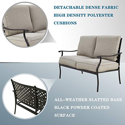 Festival Depot 4pc 4 Seats Patio Conversation Outdoor ArmChairs Loveseat Set with Coffee Table Fabric Metal Frame Furniture Garden Bistro Seating Thick Soft Cushions 