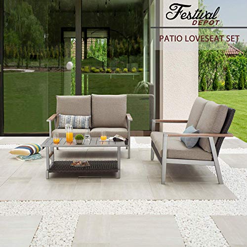 Festival Depot 3 Pcs Patio Conversation Set 2 Wicker Chairs All Weather Rattan Loveseats with Thick Cushions and Coffee Table in Metal Frame Outdoor Furniture for Deck Garden, Gray