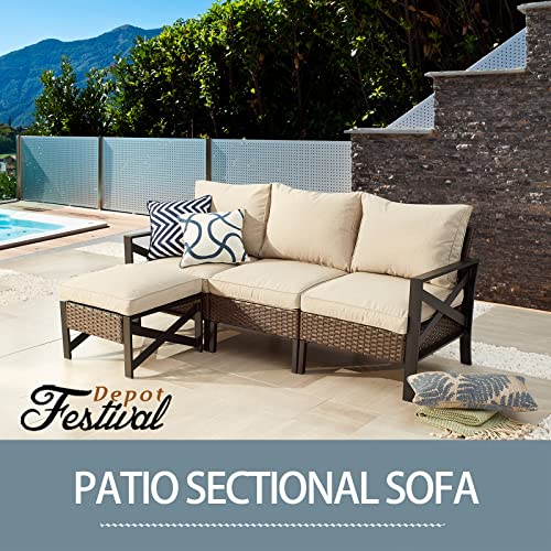 Festival Depot Patio Armless Sofa Sectional Furniture Loveseat Outdoor Dining Chair with Cushions Pillow and Metal Frame Wicker for Garden Backyard Pool Farmhouse (Beige) (B-PF20722-new1) 