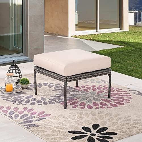 Festival Depot Patio Wicker Ottoman, All-Weather Rattan Sectional Square Footrest Outdoor Furniture with Metal Frame Removable Cushion for Garden Pool Backyard Lawn (Beige)