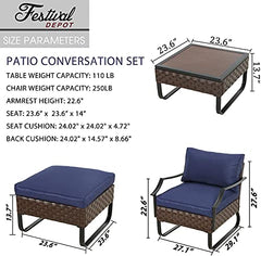 Festival Depot 3 Pieces Patio Furniture Set, All-Weather PE Rattan Wicker Metal Frame Sofa Outdoor Conversation Set Sectional Couch with Cushion Ottoman and Coffee Table for Deck Poolside (Blue)