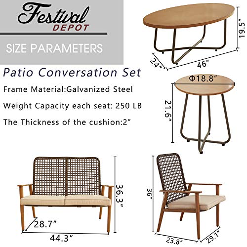 Festival Depot 8 Pieces Patio Outdoor Furniture Conversation Set with Metal Side Coffee Side Table Wooden-Color Steel Wicker Weaving Mesh Back Armchair with Cushions (Khaki) 