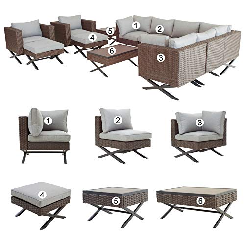 Festival Depot 12pcs Outdoor Furniture Patio Conversation Set Sectional Corner Sofa Chairs with X Shape Metal Leg All Weather Brown Rattan Wicker Ottoman Side Coffee Table with Grey Seat Back Cushions 