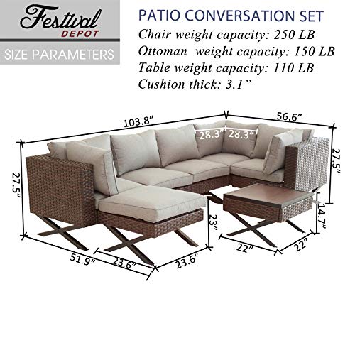 Festival Depot 7pcs Outdoor Furniture Patio Conversation Set Sectional Corner Sofa Chairs with X Shaped Metal Leg All Weather Brown Rattan Wicker Ottoman Side Coffee Table with Grey Seat Back Cushions 