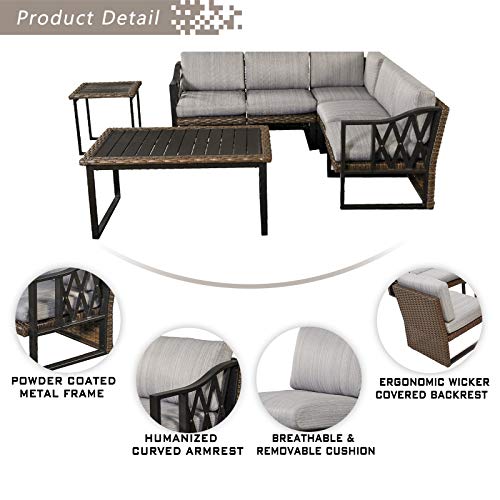 Festival Depot 7pcs Outdoor Furniture Patio Conversation Set Sectional Corner Sofa Chairs All Weather Brown Rattan Wicker Slatted Coffee Table End Table with Grey Thick Seat Back Cushions, Black 