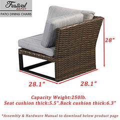 Festival Depot Dining Outdoor Patio Bistro Furniture Corner Sectional Chairs Wicker Rattan Premium Fabric Soft Comfortable 5.5" Cushions with Metal Steel Frame Leg for Garden Poolside Lawn All-Weather