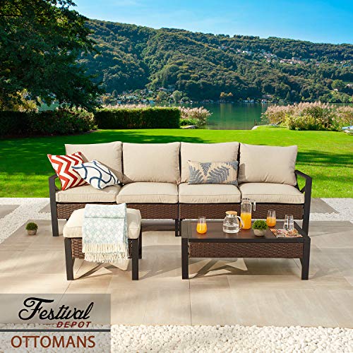 Festival Depot Patio Ottoman Footstool Outdoor Furniture with Wicker Rattan, X Shape Slatted Steel Frame Foot Rest with Premium Fabric Soft Cushion Square for Garden Yard Lawn All-Weather 