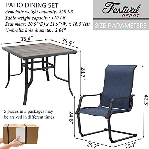 Festival Depot 5Pcs Patio Dining Set of 4 High Back Chairs with Textilene Fabric and 1 Square Metal Table with Wood-Like DPC Tabletop and Curved Steel Legs for Backyard Deck Garden