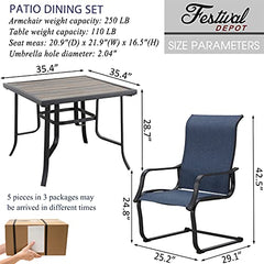 Festival Depot 5Pcs Patio Dining Set of 4 High Back Chairs with Textilene Fabric and 1 Square Metal Table with Wood-Like DPC Tabletop and Curved Steel Legs for Backyard Deck Garden