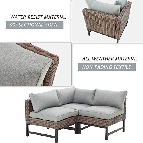 Festival Depot 3 Pieces Patio Sectional Corner Sofa Set Outdoor All-Weather Wicker Metal Chairs with Seating Back Cushions Garden Poolside (Gray) 