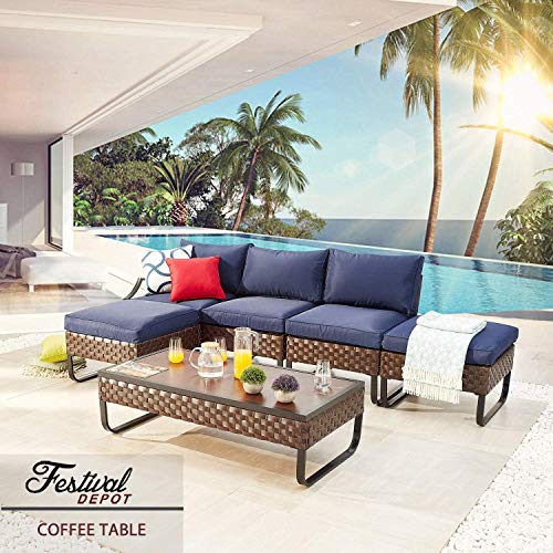 Festival Depot Patio Table Rattan Woven Wicker Coffee Table with Aluminum Tabletop and U Shaped Leg All Weather Outdoor Furniture for Backyard Porch Garden