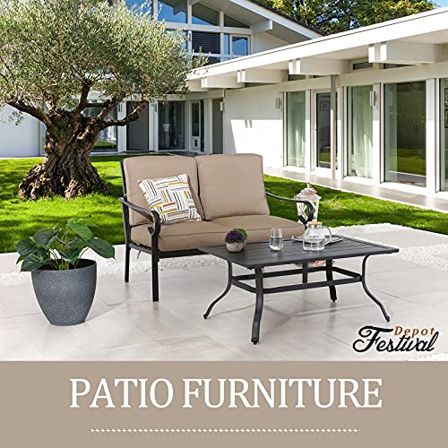 Festival Depot 2 Pieces Outdoor Furniture Patio Conversation Set Bistro Loveseat with Seat and Back Thick Cushions and Metal Coffee Table with Slatted Steel Tabletop for Backyard Porch Balcony