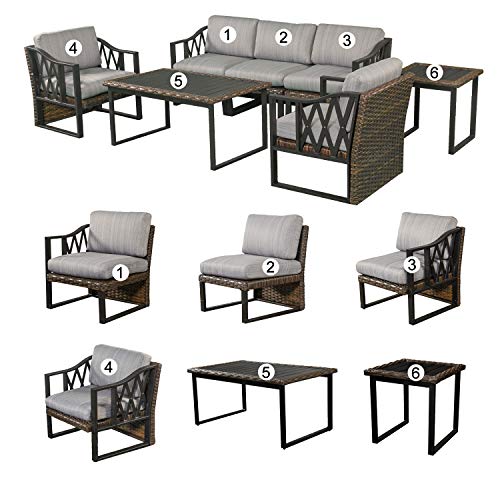 Festival Depot 7pcs Outdoor Furniture Patio Conversation Set Sectional Sofa Chairs All Weather Brown Rattan Wicker Slatted Coffee Table End Table with Grey Thick Seat Back Cushions, Black