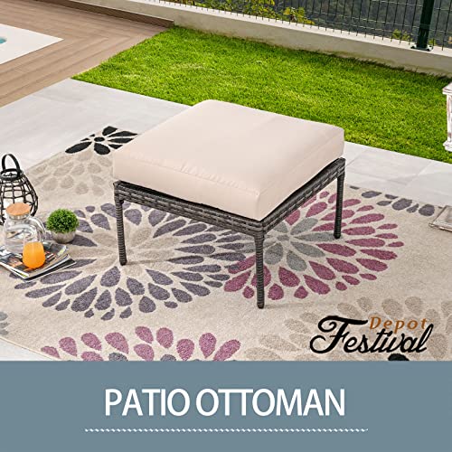 Festival Depot Patio Wicker Ottoman, All-Weather Rattan Sectional Square Footrest Outdoor Furniture with Metal Frame Removable Cushion for Garden Pool Backyard Lawn (Beige) 