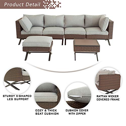 Festival Depot 6pcs Outdoor Furniture Patio Conversation Set Sectional Corner Sofa Chairs with X Shaped Metal Leg All Weather Brown Rattan Wicker Ottoman Side Coffee Table with Grey Seat Back Cushions 