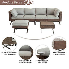 Festival Depot 6pcs Outdoor Furniture Patio Conversation Set Sectional Corner Sofa Chairs with X Shaped Metal Leg All Weather Brown Rattan Wicker Ottoman Side Coffee Table with Grey Seat Back Cushions