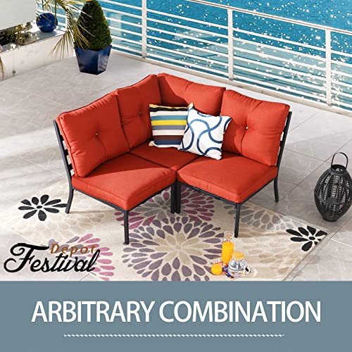 Festival Depot Patio Dining Corner Chair Outdoor Bistro Single Sofa with Removable Thick Cushion Metal Frame All Weather Sectional Conversation Furniture for Backyard Pool Deck Garden (Red)