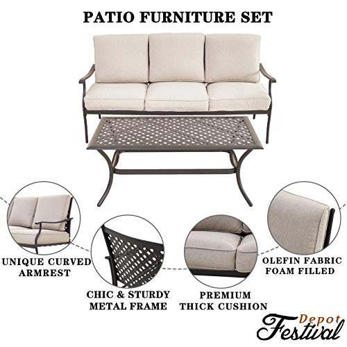 Festival Depot 2 pc Conversation Set Patio Outdoor 3-Seater Sofa Set with Coffee Table Fabric Metal Frame Furniture Garden Bistro Seating Thick Soft Cushions (Beige)