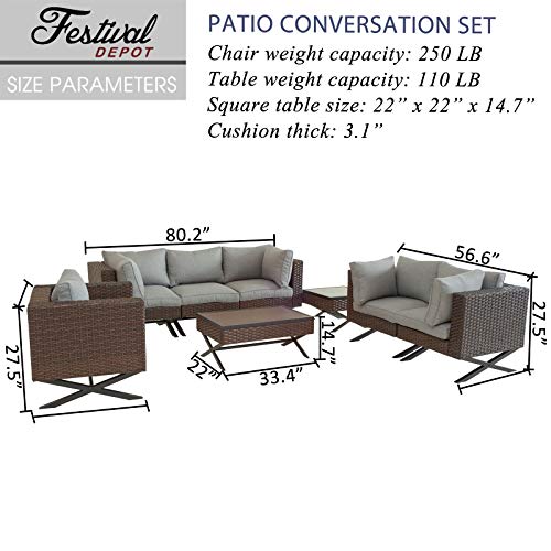 Festival Depot 8pcs Outdoor Furniture Patio Conversation Set Sectional Corner Sofa Chairs with X Shaped Metal Leg All Weather Brown Rattan Wicker Square Side Coffee Table with Grey Seat Back Cushions