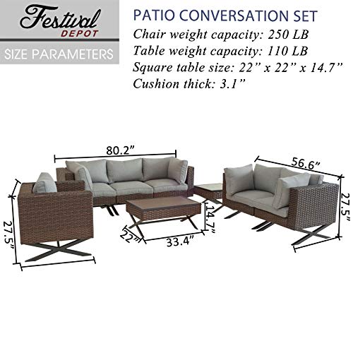 Festival Depot 8pcs Outdoor Furniture Patio Conversation Set Sectional Corner Sofa Chairs with X Shaped Metal Leg All Weather Brown Rattan Wicker Square Side Coffee Table with Grey Seat Back Cushions 