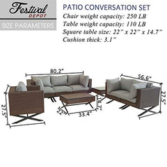 Festival Depot 8pcs Outdoor Furniture Patio Conversation Set Sectional Corner Sofa Chairs with X Shaped Metal Leg All Weather Brown Rattan Wicker Square Side Coffee Table with Grey Seat Back Cushions