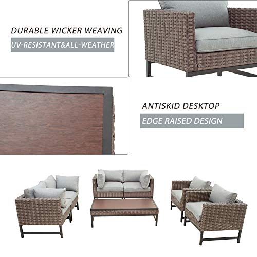 Festival Depot Patio 7 Pieces Outdoor Conversation Sets Furniture Sectional Corner Sofa, All-Weather Brown Manual Weaving Wicker Chairs with Side Coffee Table, Soft Back Seating Couch Cushions (Grey)