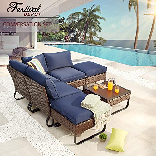 Festival Depot 6 Pieces Patio Conversation Sets Outdoor Furniture Sectional Corner Sofa, All-Weather PE Rattan Wicker Back Chair with Coffee Table Ottoman and Thick Soft Removable Couch Cushions(Blue)