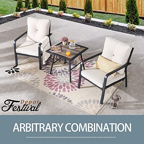 Festival Depot 3 Pcs Patio Bistro Sets Outdoor Conversation Furniture with 2 Dining Armchairs and 1 Square Coffee Table for Bar Indoor Home Garden Pool Porch (Beige)