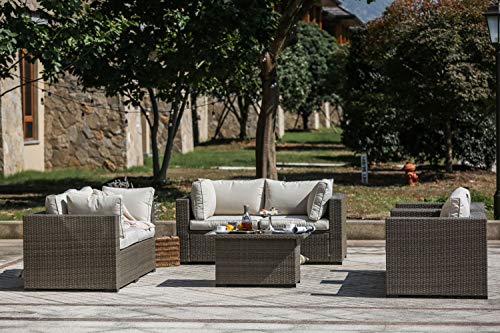Festival Depot 7pcs Patio Furniture Outdoor Conversation Set Sectional Wicker Sofa Set with Removable Seat Cushions and Coffee Table with Tempered Glass for Garden Deck Porch Lawn Balcony, Beige