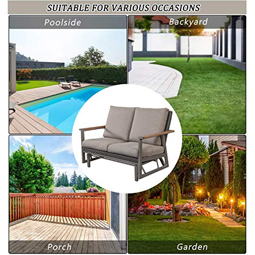 Festival Depot Patio Glider Metal Loveseat Chair Swing Bench with Cushions and Wicker Back Outdoor Furniture for Garden Backyard, Dark Grey