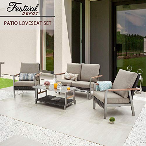 Festival Depot 4 Pieces Patio Outdoor Conversation Chairs Loveseat Set with Coffee Rectangle Table Metal Frame Furniture Garden Bistro Seating Thick Soft Cushions