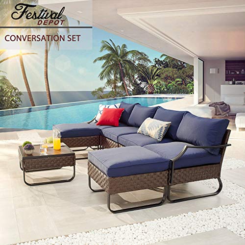 Festival Depot 7 Pieces Patio Conversation Sets Outdoor Furniture Sectional Sofa, All-Weather PE Rattan Brown Wicker Back Chair with Coffee Table, Ottoman and Thick Soft Removable Couch Cushions(Blue)