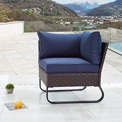 Festival Depot Dining Outdoor Patio Bistro Furniture Corner Section Chairs Wicker Rattan Premium Fabric Soft & Deep Cushions with Side U Shaped Slatted Steel Legs for Garden Yard Poolside All-Weather