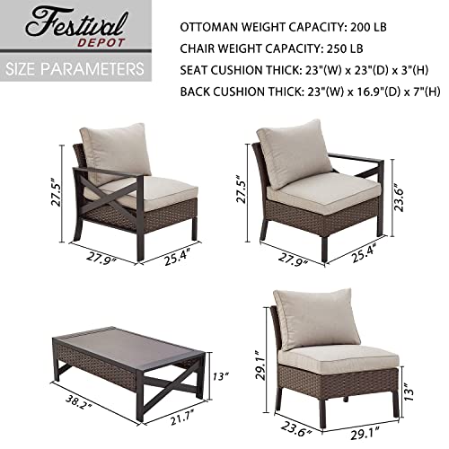 Festival Depot 5 Pieces Patio Furniture Set All-Weather Rattan Wicker Metal Frame Sofa Chair Outdoor Conversation Set Sectional Corner Couch with Cushions and Coffee Table for Deck Poolside