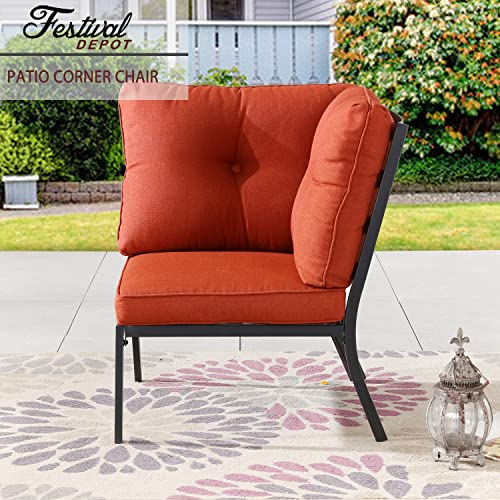 Festival Depot Patio Dining Corner Chair Outdoor Bistro Single Sofa with Removable Thick Cushion Metal Frame All Weather Sectional Conversation Furniture for Backyard Pool Deck Garden (Red) 