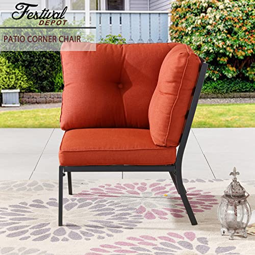 Festival Depot Patio Dining Corner Chair Outdoor Bistro Single Sofa with Removable Thick Cushion Metal Frame All Weather Sectional Conversation Furniture for Backyard Pool Deck Garden (Red)