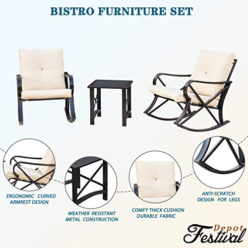 Luxury 3 Piece Outdoor Steel Rocking Chair Set Bistro Set with Coffee Table and Cushions