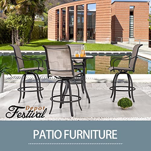Festival Depot 5 Pcs Patio Bistro Set 360° Swivel Chairs and Bar Height Table with Tempered Glass Top Outdoor Furniture Dining Set (4 Chairs,1 Table) (Grey) 