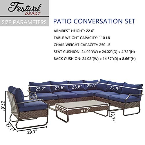 Festival Depot 8 Pcs Patio Conversation Sets Outdoor Furniture Sectional Corner Sofa Loveseat with All-Weather PE Rattan Wicker Chair,Coffee Table and Soft Removable Couch Cushions (Blue) 
