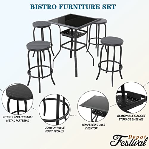 Sports Festival 5 Pcs Patio Bistro Height Set Outdoor Furniture, Backless Bar Stool Chair with Round Seat, Foot Pedals and Square Metal Frame Steel Tempered Glass Top Table for Deck Garden Lawn