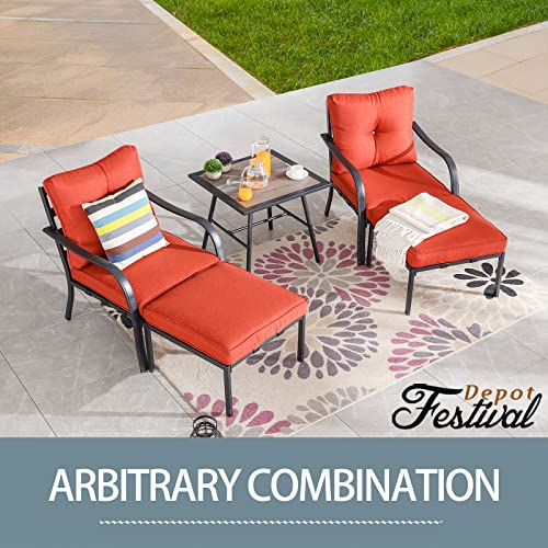 Festival Depot 5 Pcs Patio Conversation Set Sectional Sofa Chair Outdoor Furniture All-Weather Bistro Set with 2 Armchair 2 Ottoman 1 Side Table for Garden Porch Deck Backyard (Red)