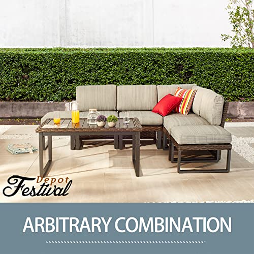 Festival Depot Patio Ottoman Outdoor Wicker Footstool Small Seat Rattan Furniture with All- Weather Metal Legs and 6.3" Cushion for Deck Poolside Yard Garden Porch (Grey) 
