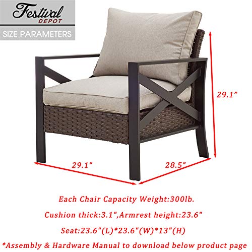 Festival Depot Patio Armchair Wicker Dining Chair with Thick Cushions Outdoor Furniture for Bistro Garden Yard All-Weather