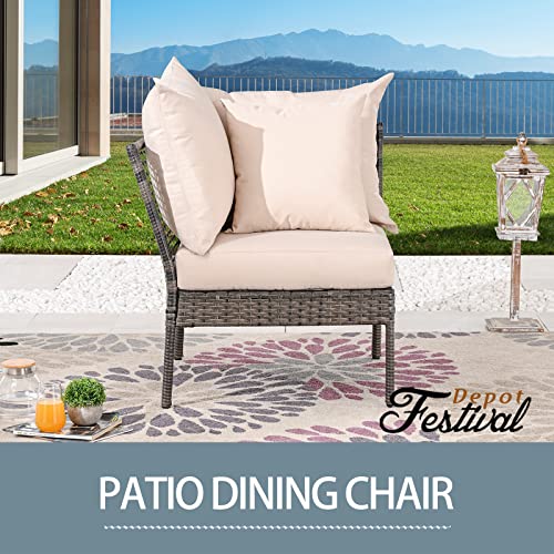 Festival Depot Patio Wicker Dining Chair, All-Weather Rattan Sectional Sofa Outdoor Furniture with Metal Frame Removable Seat & Back Cushion Pillow for Garden Pool Backyard Lawn (Beige)