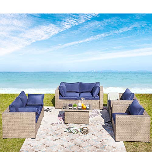 Festival Depot 7 Pieces Patio Furniture Outdoor Conversation Set Sectional Wicker Sofa Set with Removable Seat Cushions and Coffee Table with Tempered Glass for Garden Deck Porch Lawn Balcony, Blue