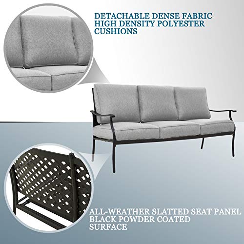 Festival Depot 4-Piece Outdoor Furniture Patio Conversation Set All Weather Black Metal Armchair Loveseat with Seat and Back Cushions, 3-Seating Chair, Rectangle Coffee Tables for Deck Lawn Garden 