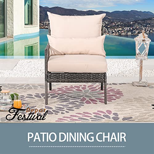 Festival Depot Patio Wicker Dining Chair, All-Weather Rattan Sectional Sofa Outdoor Furniture with Metal Frame Removable Seat & Back Cushion Pillow for Garden Pool Backyard Lawn (Beige)
