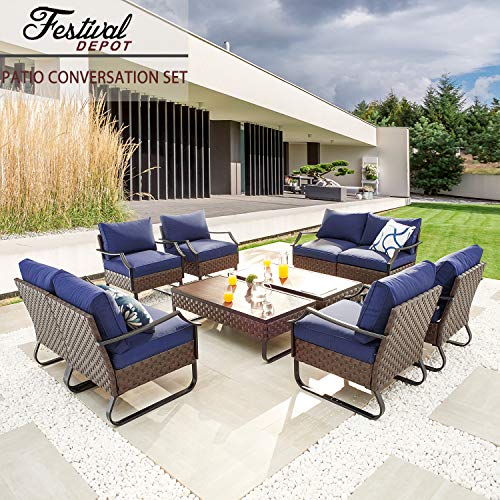 Festival Depot 10 Pcs Patio Conversation Sets Outdoor Furniture Sectional Sofa Loveseat with All-Weather PE Rattan Wicker Armchair,Coffee Table and Soft Removable Couch Cushions (Blue)
