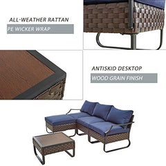 Festival Depot 5 Pieces Patio Outdoor Furniture Conversation Sets Chairs Sectional Sofa, All-Weather Wicker Back Chair with Ottoman Coffee Square Table and Thick Soft Removable Couch Cushions (Blue)